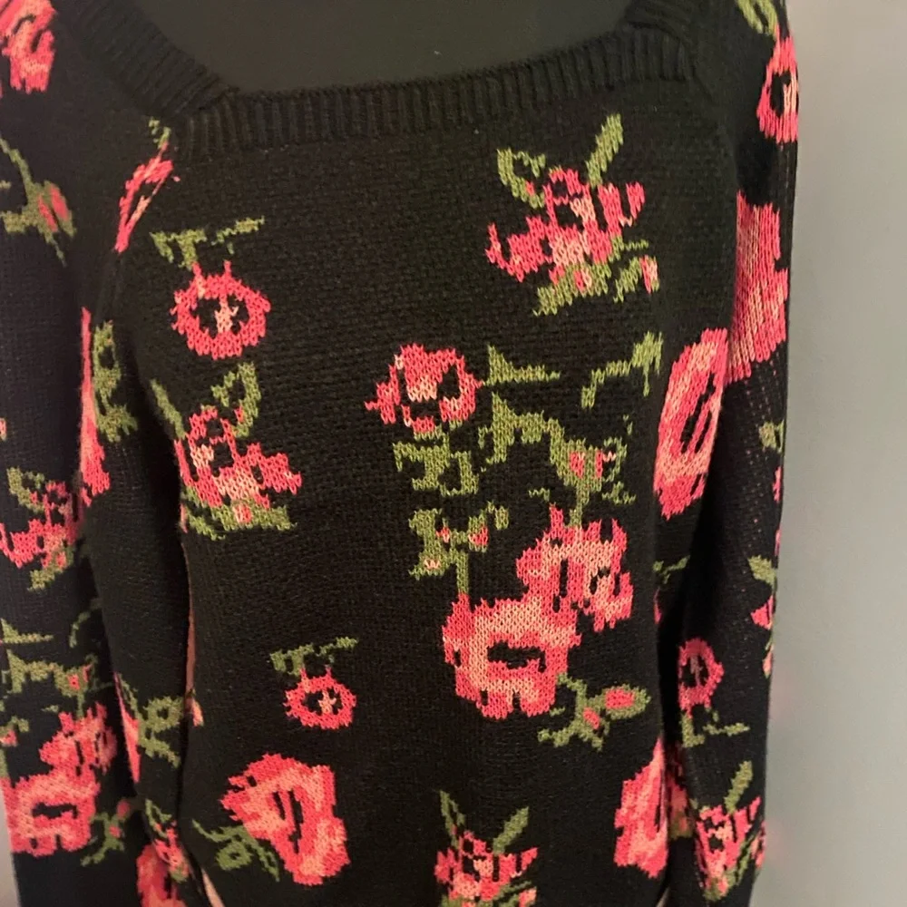 Cato XL black with pink floral design, square neck sweater. NWT - Picture 2 of 5